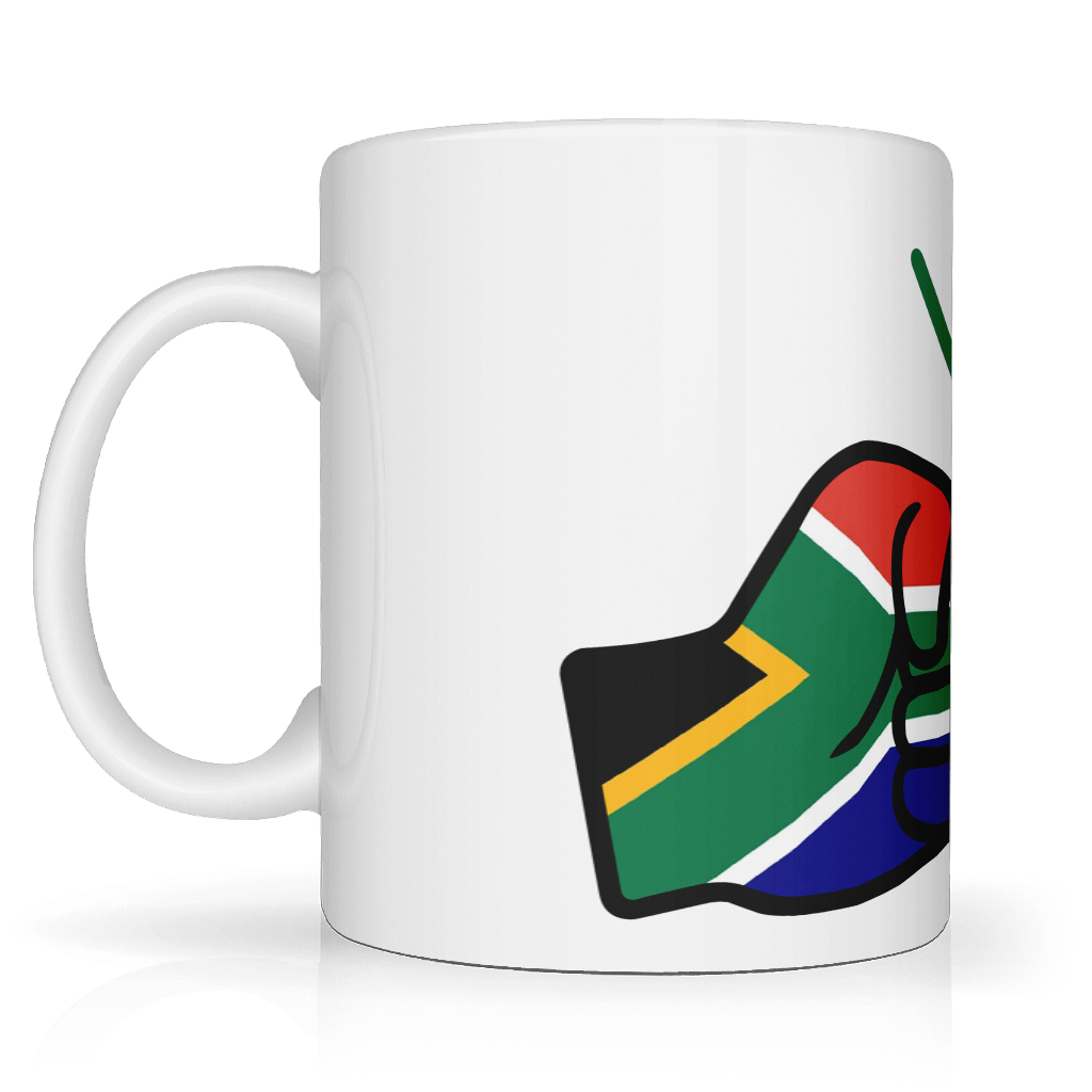 A glossy white ceramic We Run Tings, South Africa mug with a graphic design of two clenched fists and the South African flag. side view.