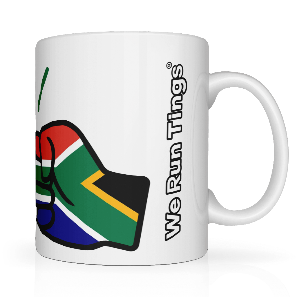 White ceramic mug with a graphic of the flag of South Africaa and 'We Run Tings' text on a white background. Side view