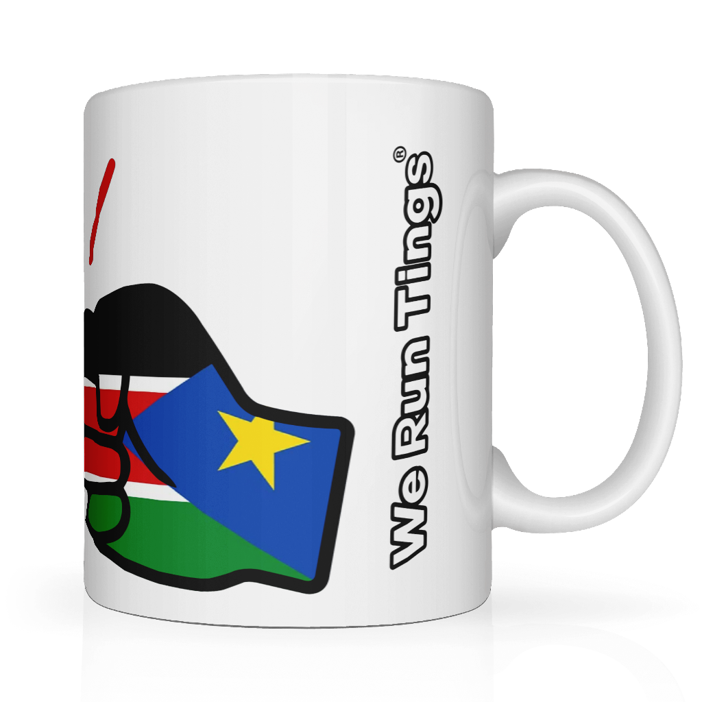 White ceramic mug with a colorful design of the flag of South Sudan and 'We Run Ting's' text on a white background