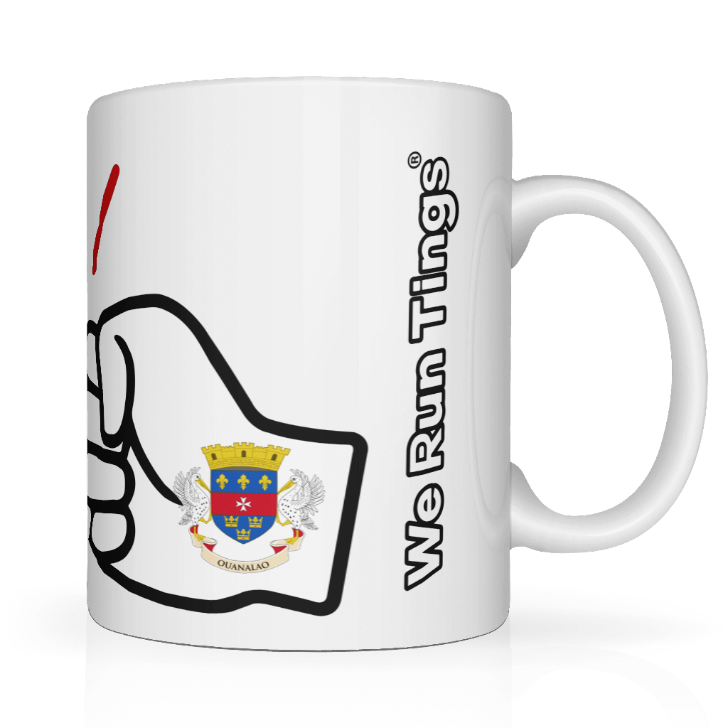 We Run Tings, St Barts, Caribbean Themed, Tea, Coffee Ceramic Mug, Cup, White, 11oz Classic Drinkware Washable Reusable Reuse Tumbler Patriotic. Side view showing the brand name
