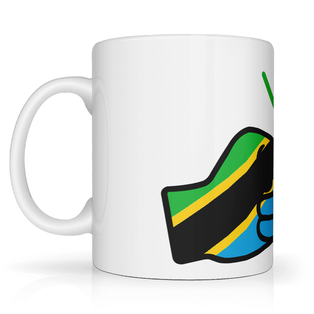 White We Run Tings, Tanzania tea, coffee ceramic mug, cup featuring the flag of Tanzania within the We Run Tings fist logo on a white background. Side view