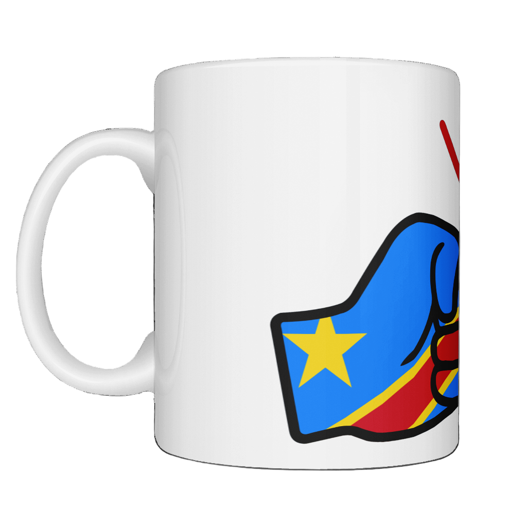 A glossy white ceramic We Run Tings The Democratic Republic of The Congo (DRC) Mug with a graphic design of a fist and the countrys flag. Front view on a white background
