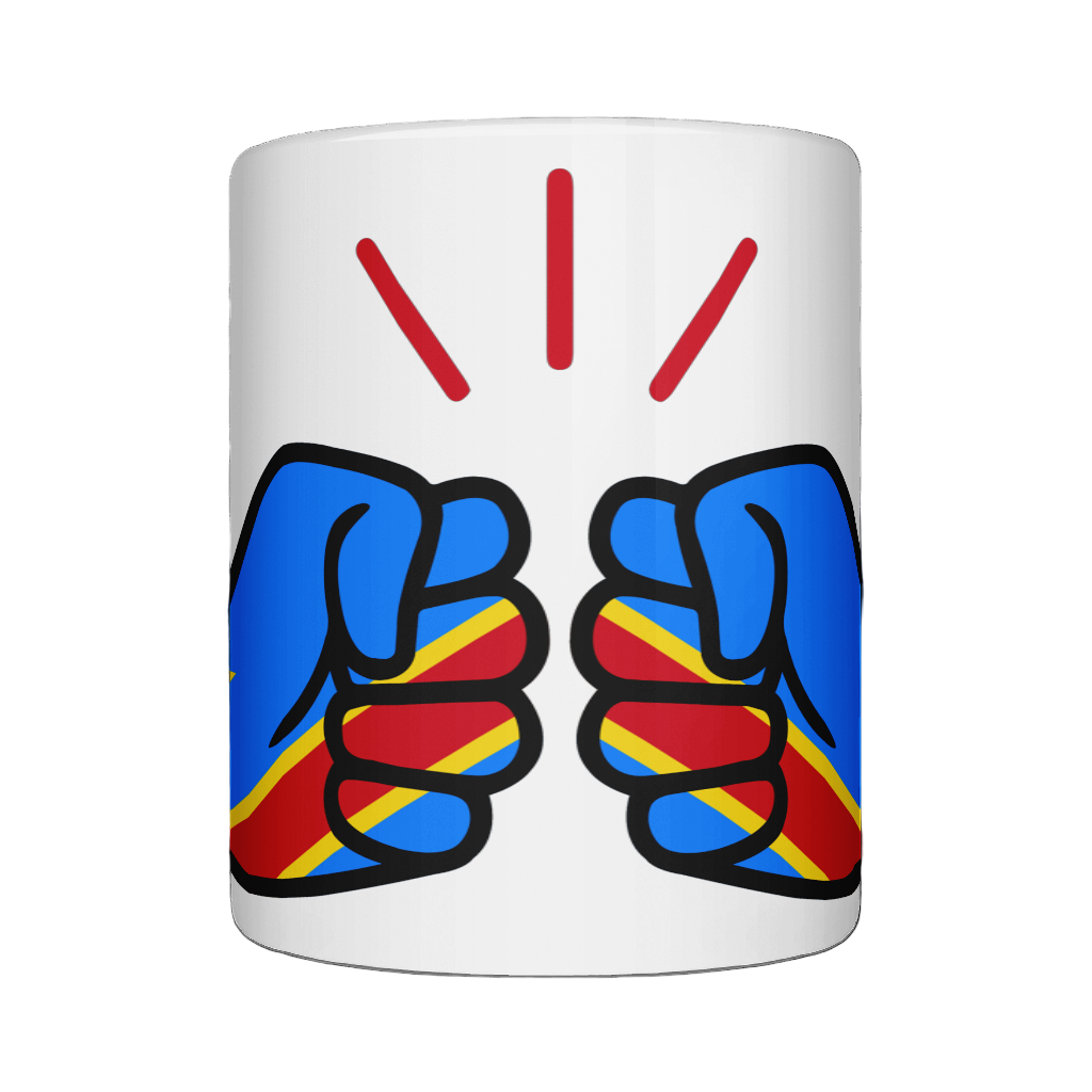 A glossy white ceramic We Run Tings The Democratic Republic of The Congo (DRC) Mug with a graphic design of a fist and the colors of the national flag. Front view