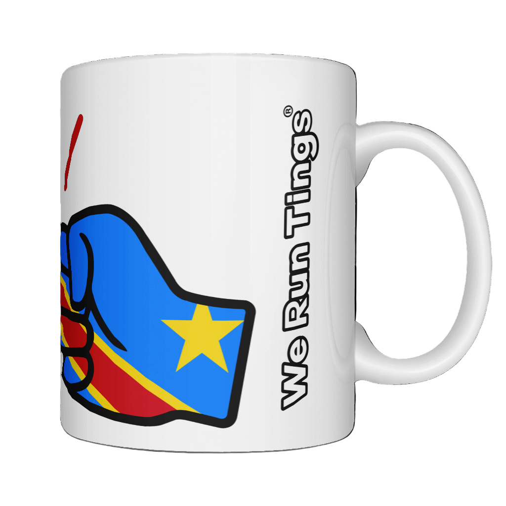 Side view of A glossy white ceramic We Run Tings The Democratic Republic of The Congo (DRC) Mug with a graphic design of a fist and the countrys flag. On a white background