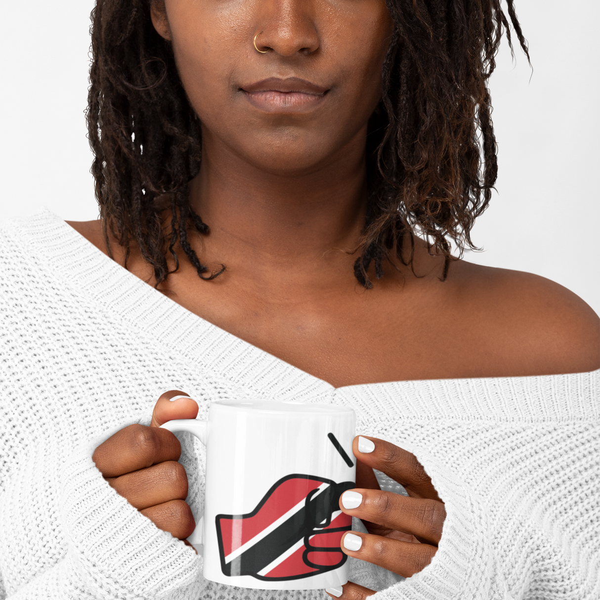 Woman wearing a white sweater holding a We Run Tings, Trinidad & Tobago, Caribbean Themed, Tea, Coffee White Ceramic Mug, Cup, White, 11oz Drinkware Glossy Washable Reusable Reuse Tumbler Classic.