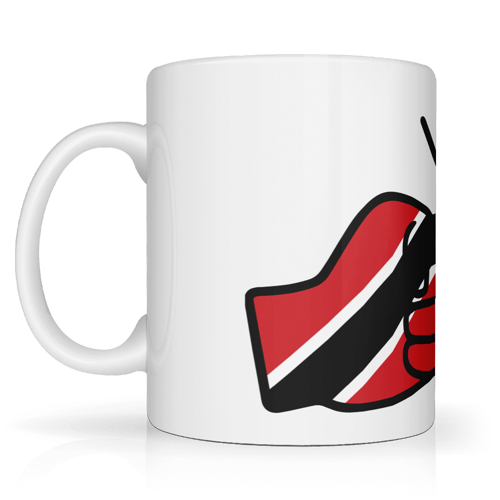 We Run Tings, Trinidad & Tobago, Caribbean Themed, Tea, Coffee White Ceramic Mug, Cup, White, 11oz Drinkware Glossy Washable Reusable Reuse Tumbler Classic. Side view