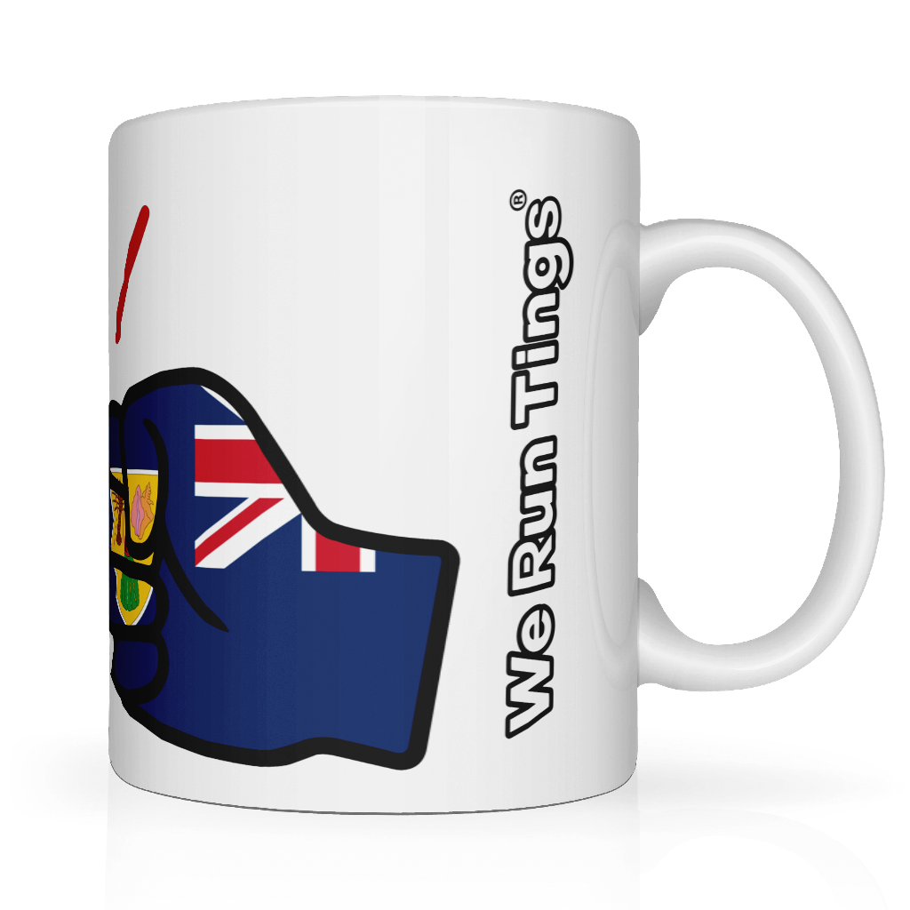 We Run Tings, Turks and Caicos, Caribbean Themed, Tea, Coffee Ceramic Mug, Cup, White, 11oz Classic Drinkware Washable Reusable Reuse Tumbler Patriotic. Side view showing wording