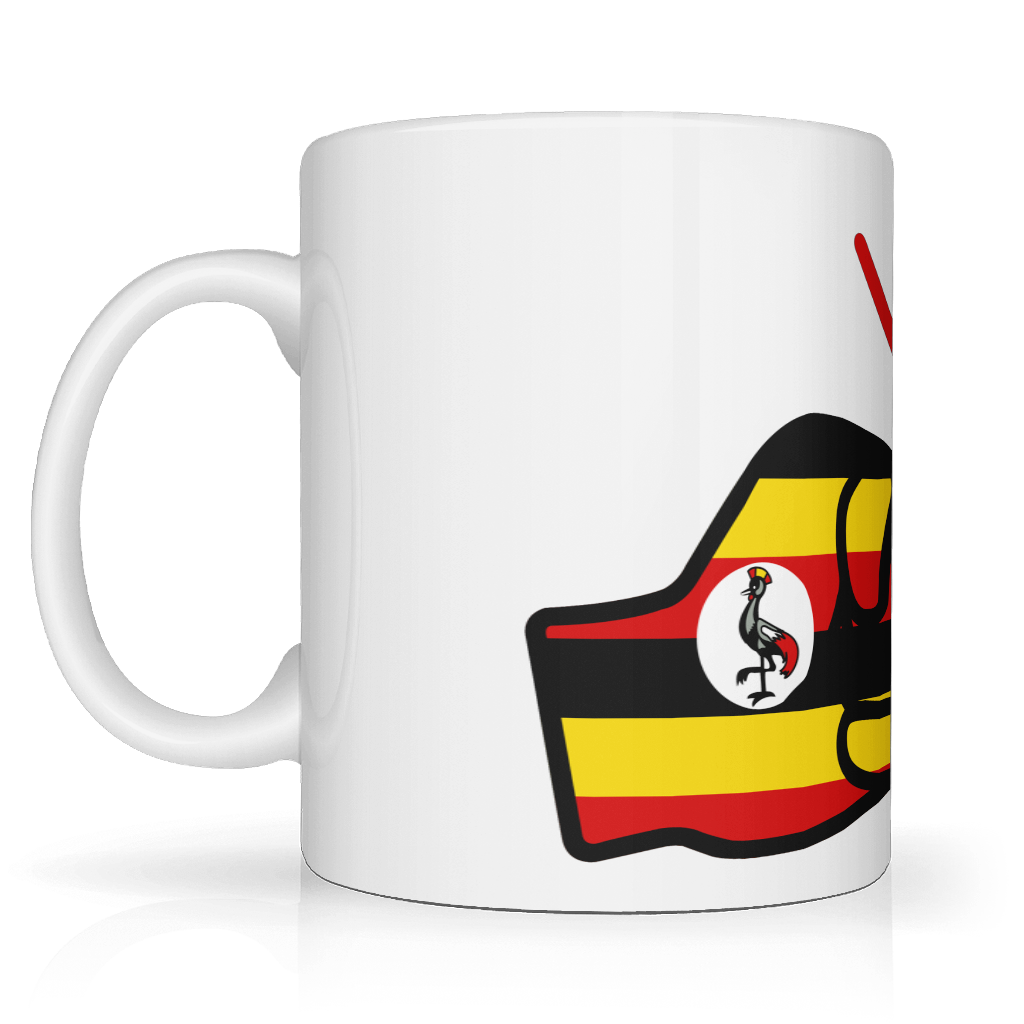 White ceramic mug from the We Run Tings brand featuring the Uganda flag design on a white background. Side view