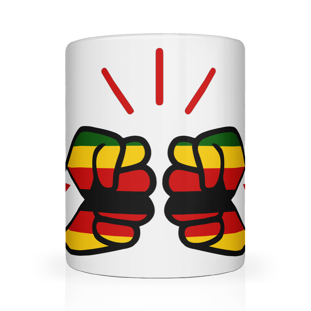 White glossy ceramic We Run Tings, Zimbabwe coffee, tea mug with red, yellow, and green design on a white background