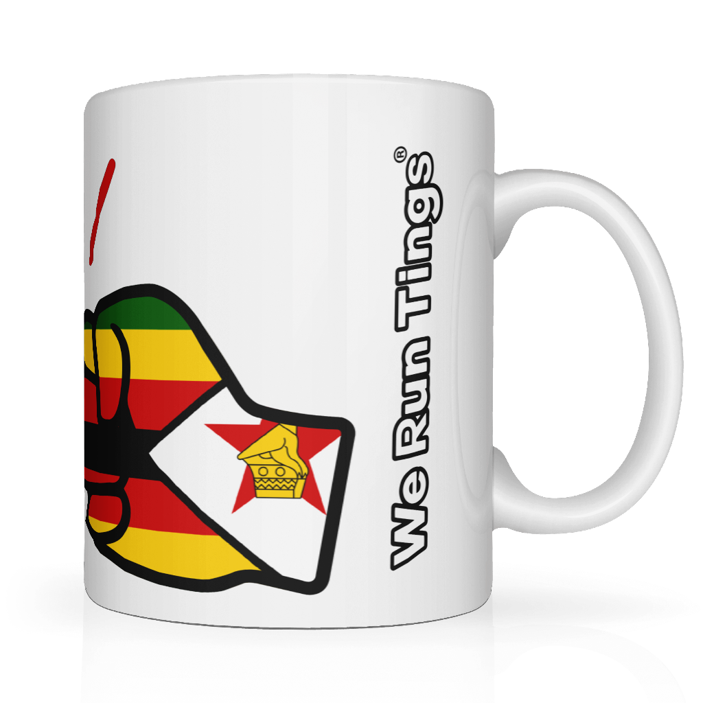 White glossy ceramic We Run Tings, Zimbabwe mug with a colorful design and 'We Run Tings' text on the side on a white background