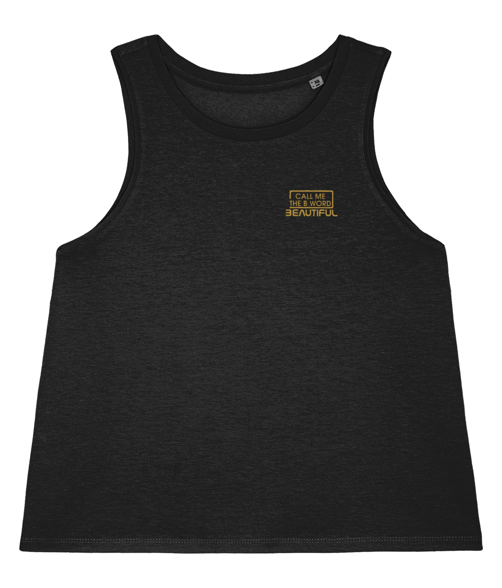 Call Me The B Word Beautiful, Women's, Organic Cotton, Crop Vest Top, Small Gold Left Chest Logo