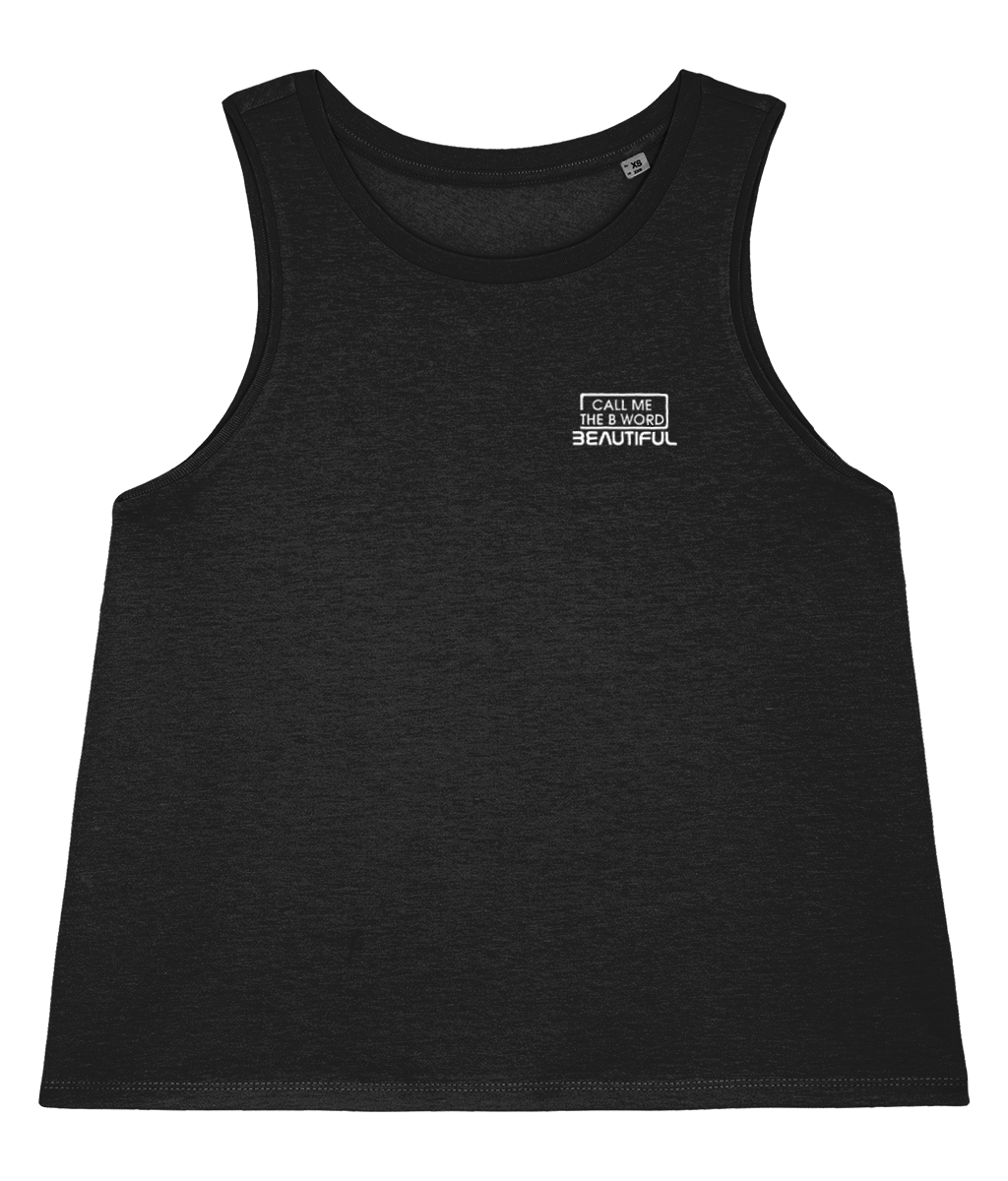 Call Me The B Word Beautiful, Women's, Organic Cotton, Crop Vest Top, Small White Left Chest Logo
