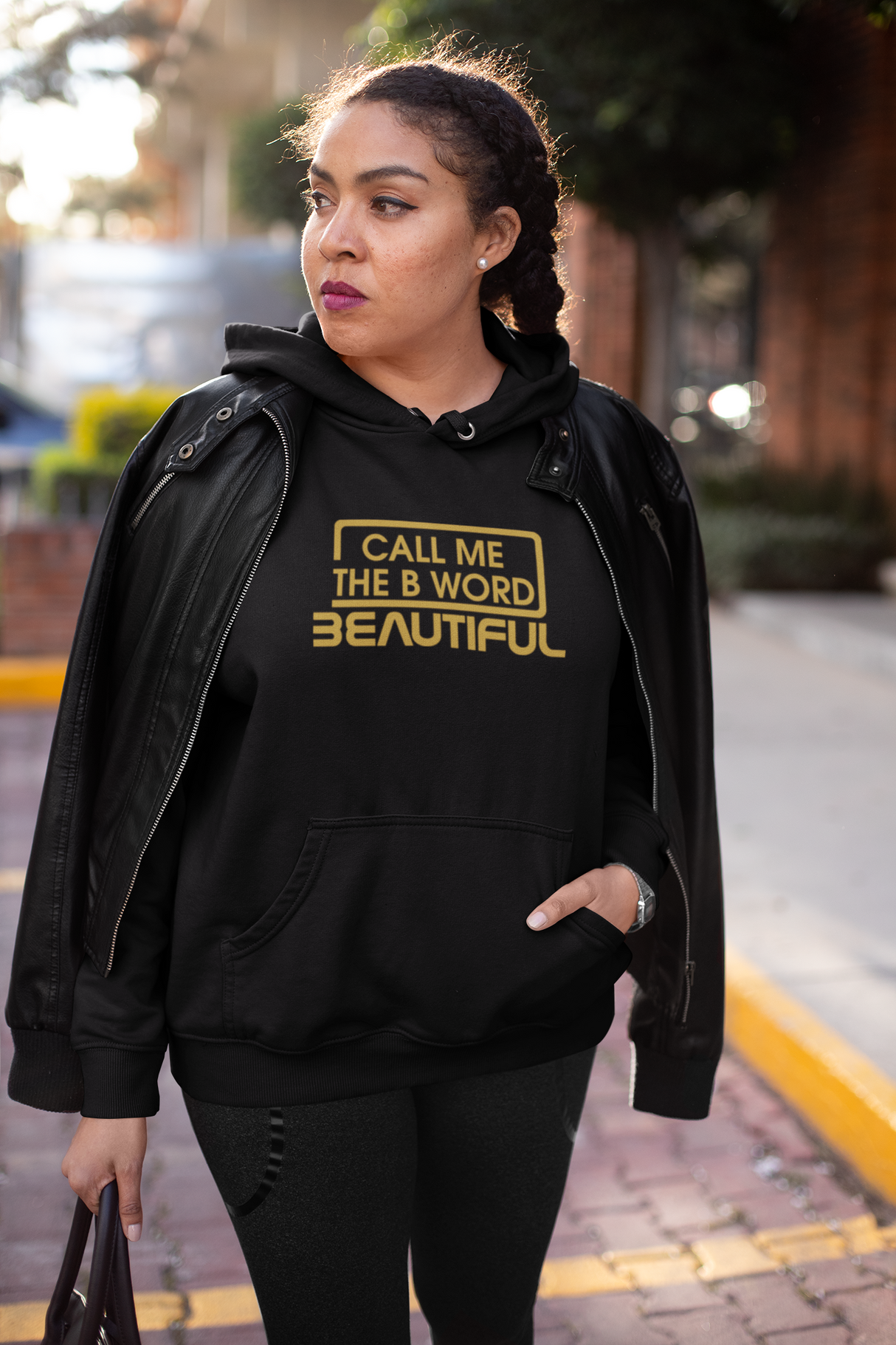 Call Me The B Word Beautiful, Gold Logo, Pull On Hoodie, Standard, Classic Fit