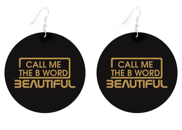 Call Me The B Word Beautiful, Flat Round Disc Earrings, Gold Logo