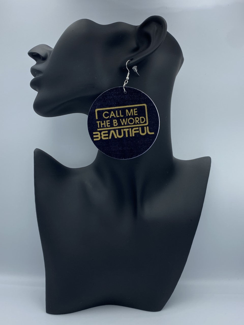 Call Me The B Word Beautiful, Flat Round Disc Earrings, Gold Logo