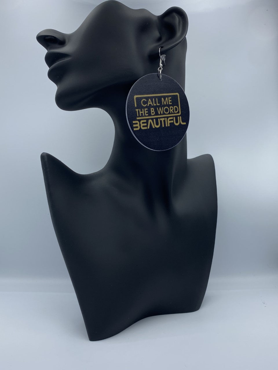 Call Me The B Word Beautiful, Flat Round Disc Earrings, Gold Logo