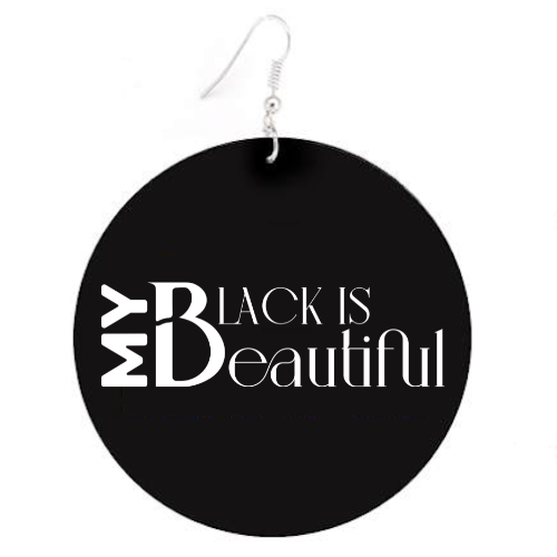 My Black Is Beautiful, Flat Round Disc Earrings, White Logo, 6.5cm