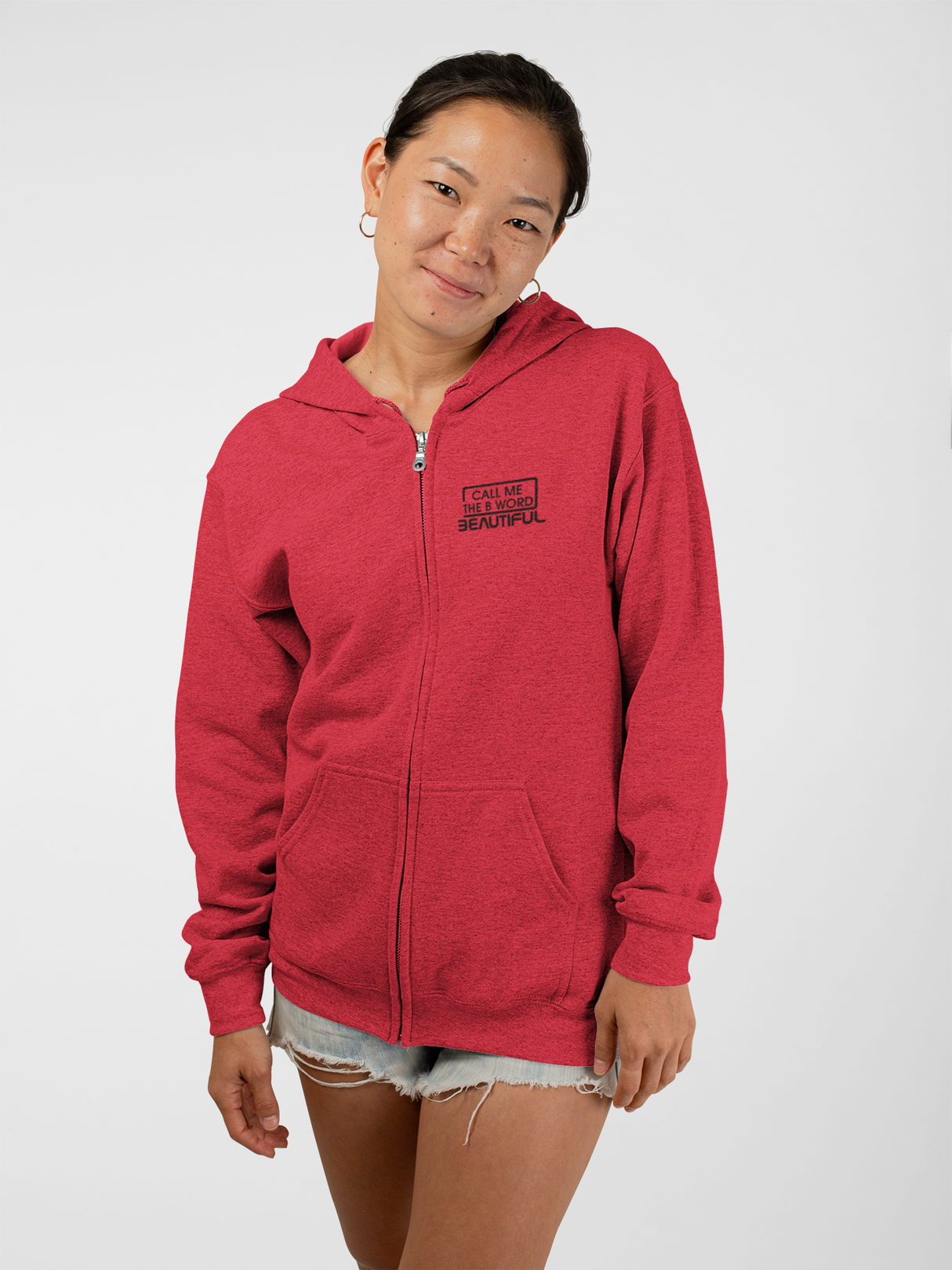 Call Me The B Word Beautiful, Gold Chest Logo, Cotton Zip Up Hoodie