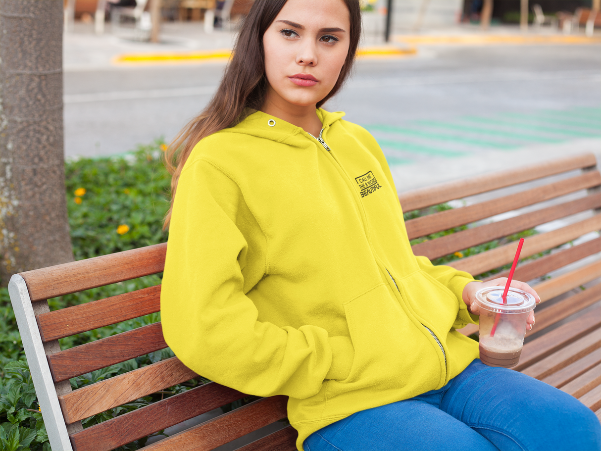 Call Me The B Word Beautiful, Gold Chest Logo, Cotton Zip Up Hoodie