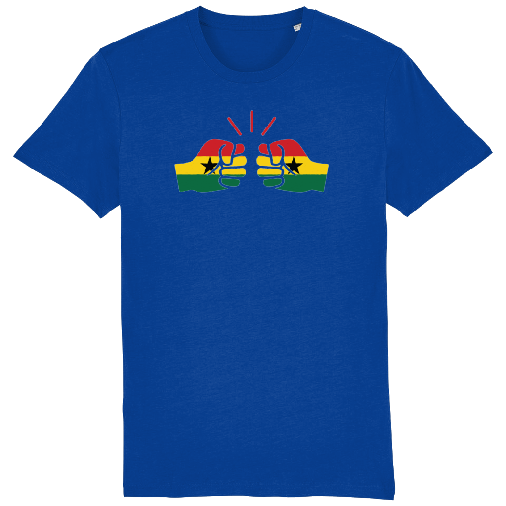 Men's blue t-shirt with a graphic design of a fist and the Ghanaian flag on the front.