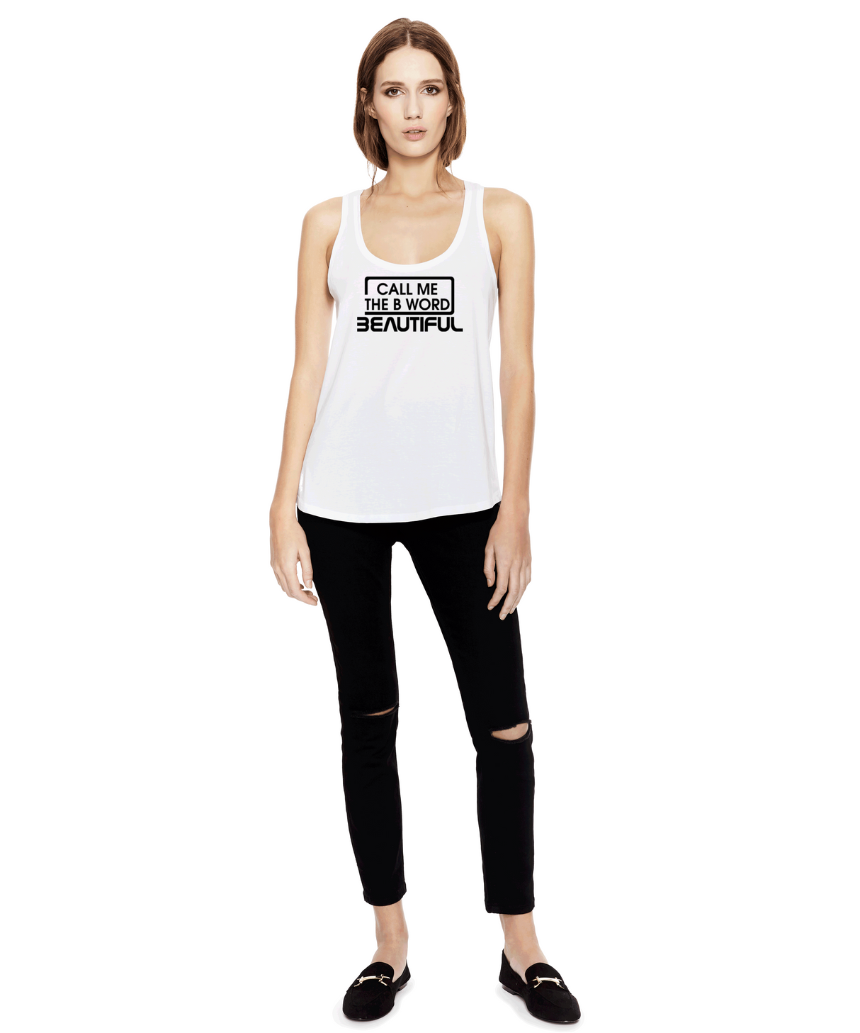 Call Me The B Word Beautiful, Organic Cotton, Active Loose Vest Top, Black Centre Logo