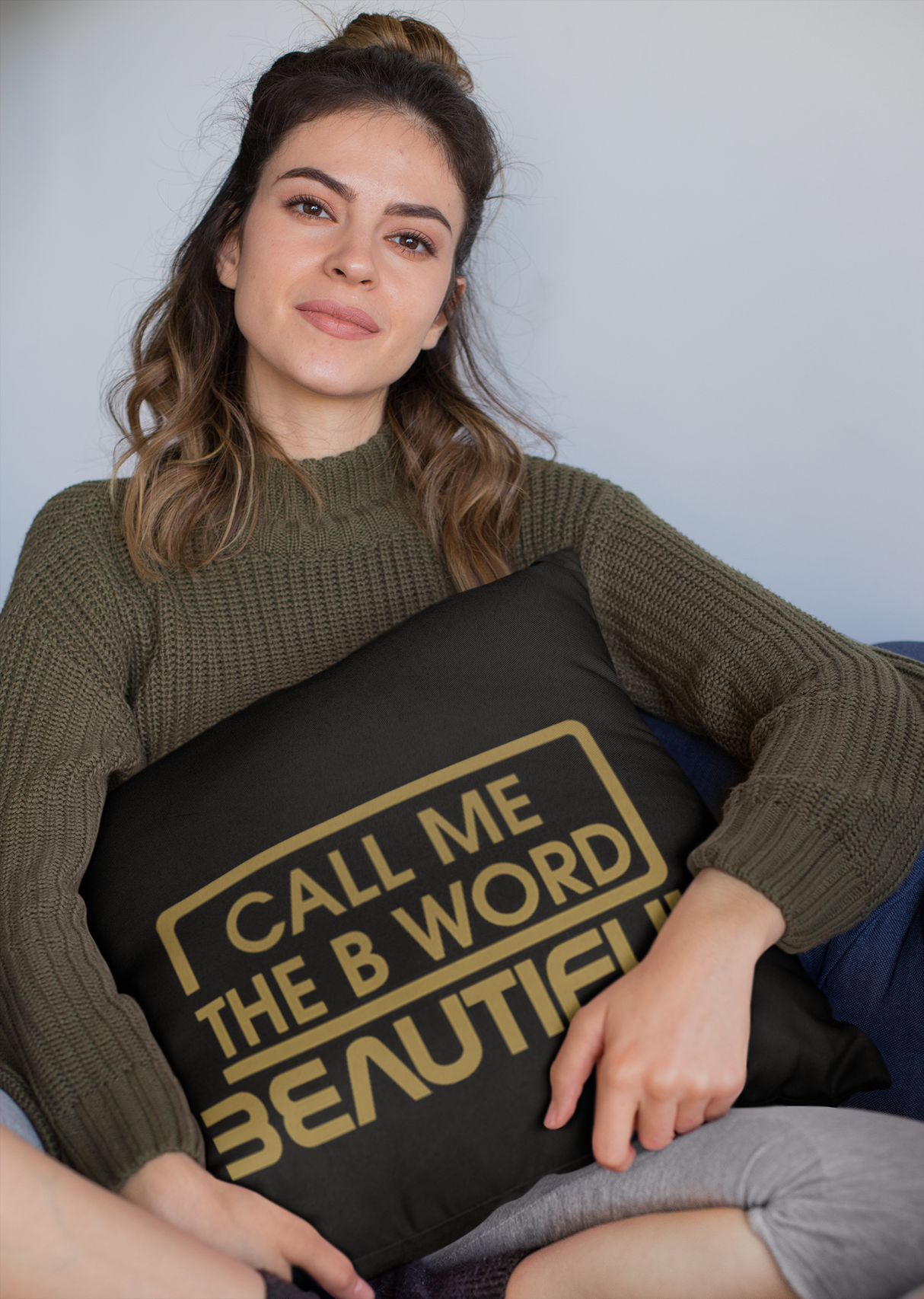 Call Me The B Word Beautiful, Throw, Pillow, Cushion, Gold Logo
