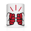 A white ceramic mug with a graphic design of clenched fists and a lightning bolt.