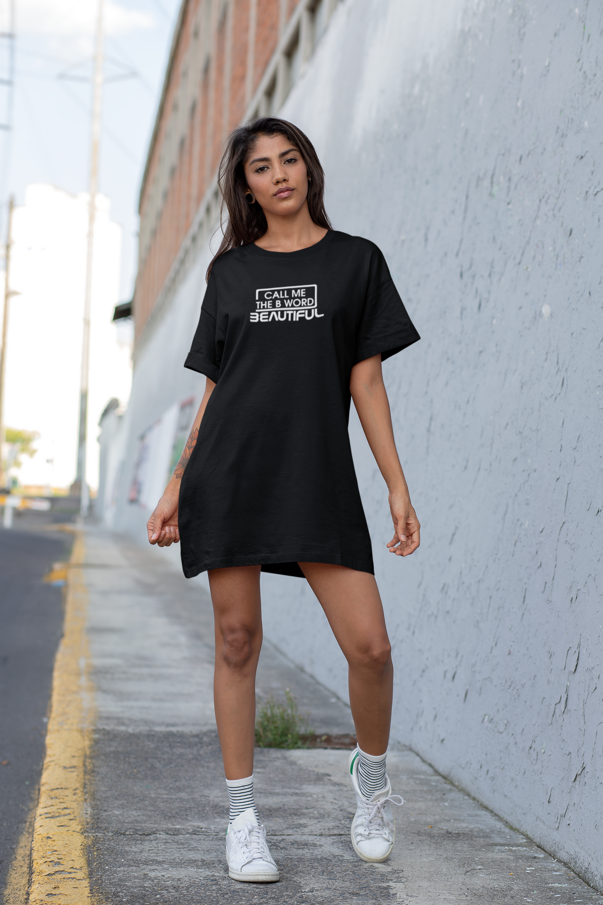 Call Me The B Word Beautiful, T-Shirt Dress, White Logo