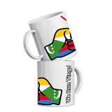 Two We Run Tings white mugs with a colorful design of the Comoros flag and text on a white background