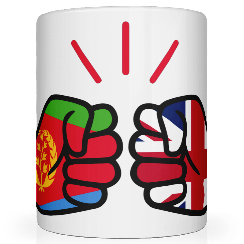 Mug with fists design featuring a front view of the flags of Eritrea and United Kingdom on a white background