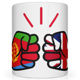 Mug with fists design featuring a front view of the flags of Eritrea and United Kingdom on a white background