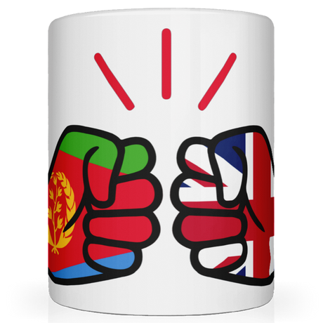 Mug with fists design featuring a front view of the flags of Eritrea and United Kingdom on a white background