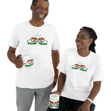 A black African couple wearing Niger themed We Run Ting merchandise. Both holding white ceramic tea coffee mugs, cups and white branded t-shirts.