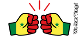 Two fists with Senegalese flag colors designed in the We Run Tings logo, featuring a star and green and yellow colors, on a white background.