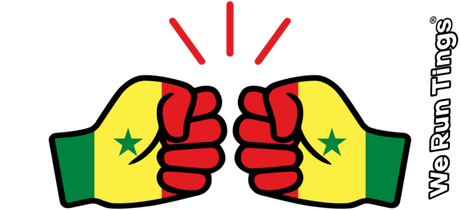 Two fists with Senegalese flag colors designed in the We Run Tings logo, featuring a star and green and yellow colors, on a white background.