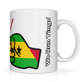 São Tomé and Príncipe We Run Tings mug. Premium white 11oz ceramic mug featuring the flag design. Dishwasher & microwave safe. Side view showing the wording of the brand We Run Tings