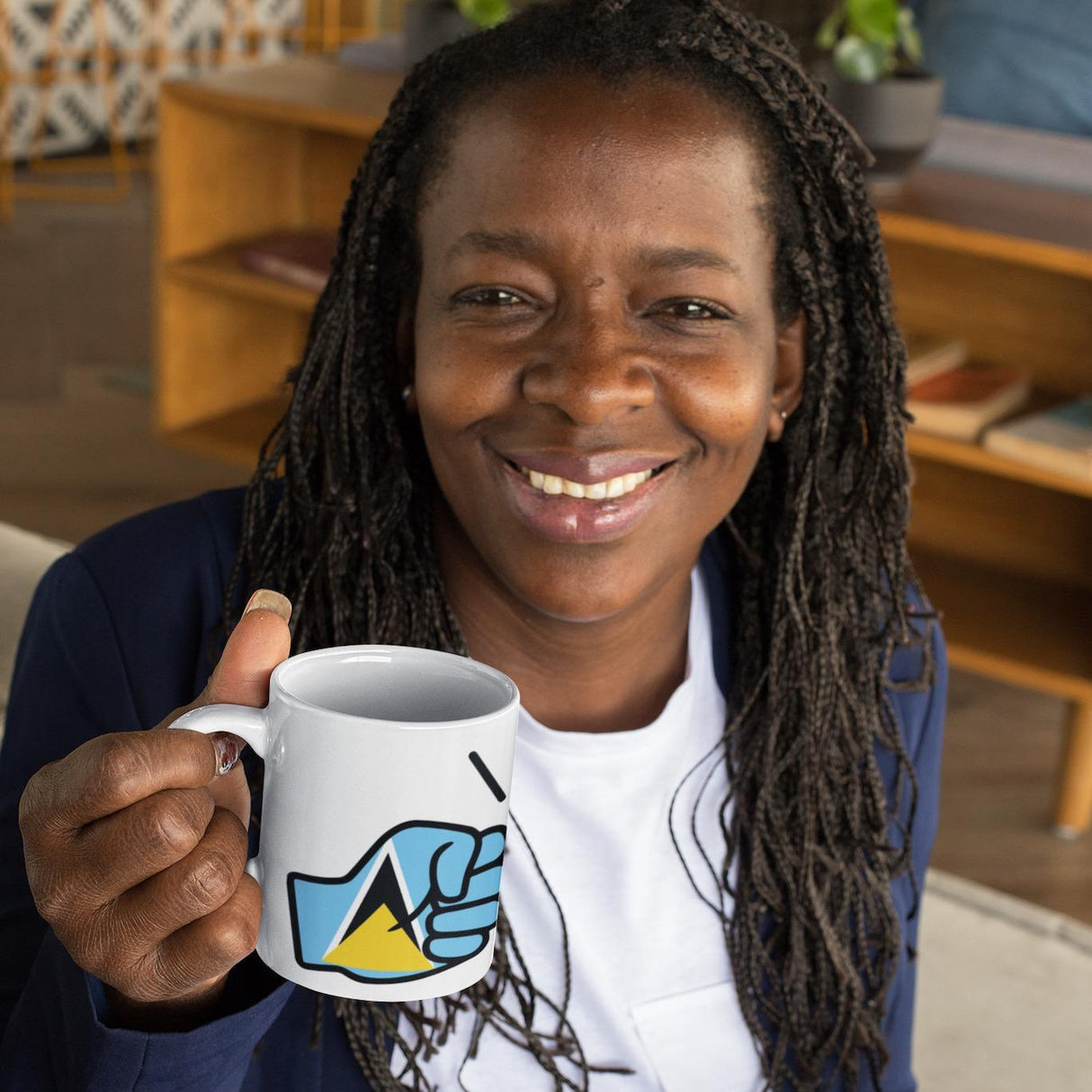 Woman holding a We Run Tings, St Lucia, St. Lucian Caribbean Themed, Tea, Coffee Ceramic Mug, Cup, 11oz Classic Drinkware Washable Reusable Reuse Glossy Tumbler Patriotic mug with a logo in a casual indoor setting