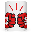 A glossy white ceramic mug with a graphic design of the flag and fist and a star, representing Tunisia, on the side.