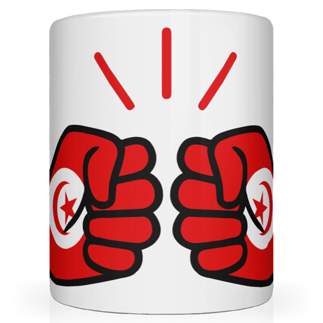 A glossy white ceramic mug with a graphic design of the flag and fist and a star, representing Tunisia, on the side.