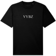 Black VYBZ t-shirt with a white logo on a white background