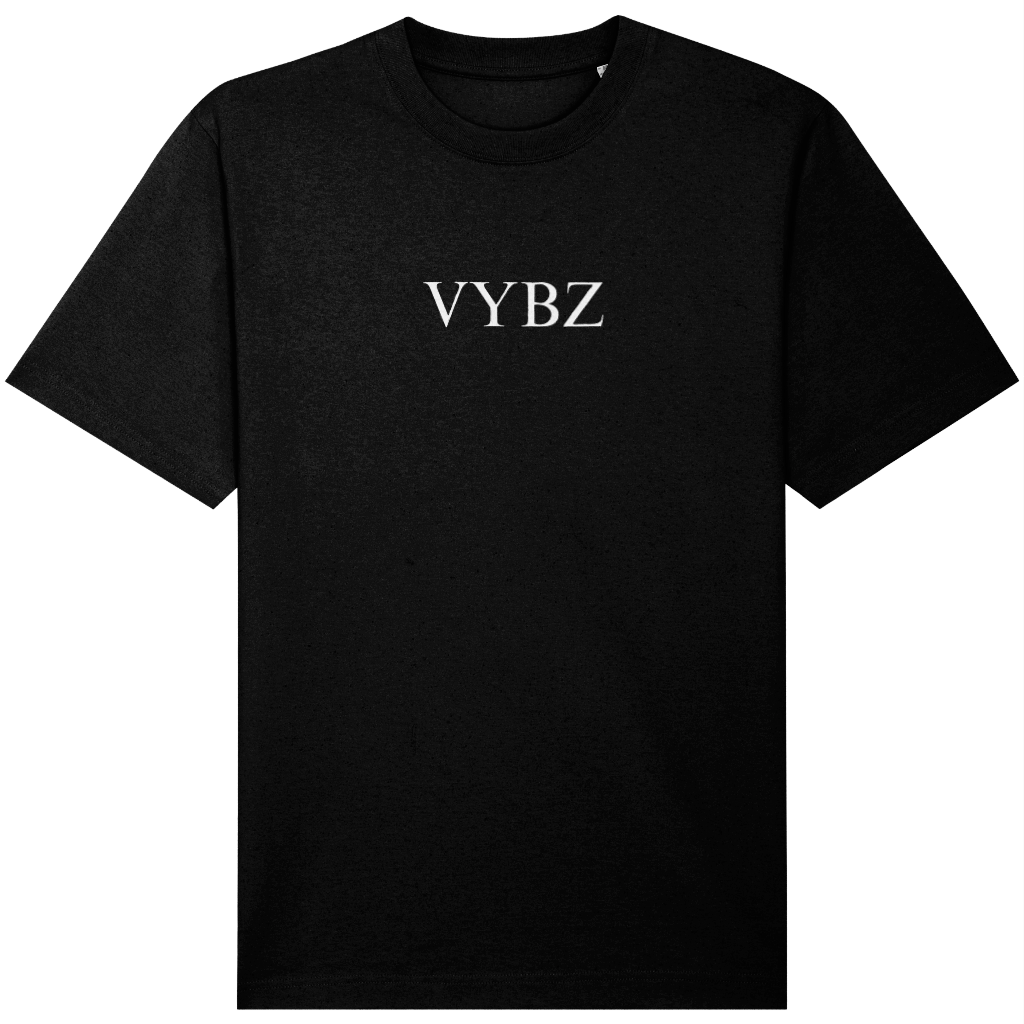 Black VYBZ t-shirt with a white logo on a white background