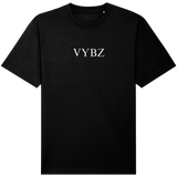 Black VYBZ t-shirt with a white logo on a white background