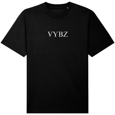 Black VYBZ t-shirt with a white logo on a white background