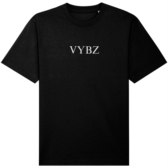 Black VYBZ t-shirt with a white logo on a white background