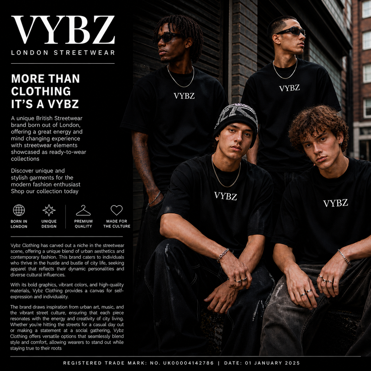 Four men wearing black 'VYBZ' streetwear t-shirts clothing with promotional text relaxing outside a building with a dark background.