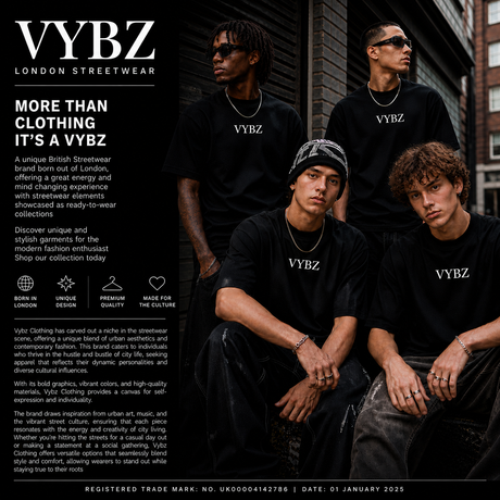 Four men wearing black 'VYBZ' streetwear t-shirts clothing with promotional text relaxing outside a building with a dark background.