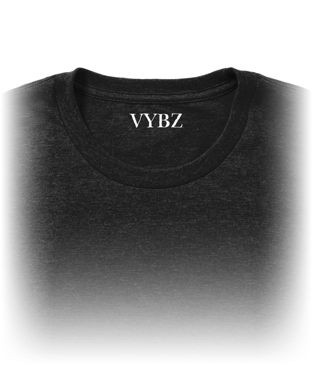 Inside white Neck label of a black t-shirt