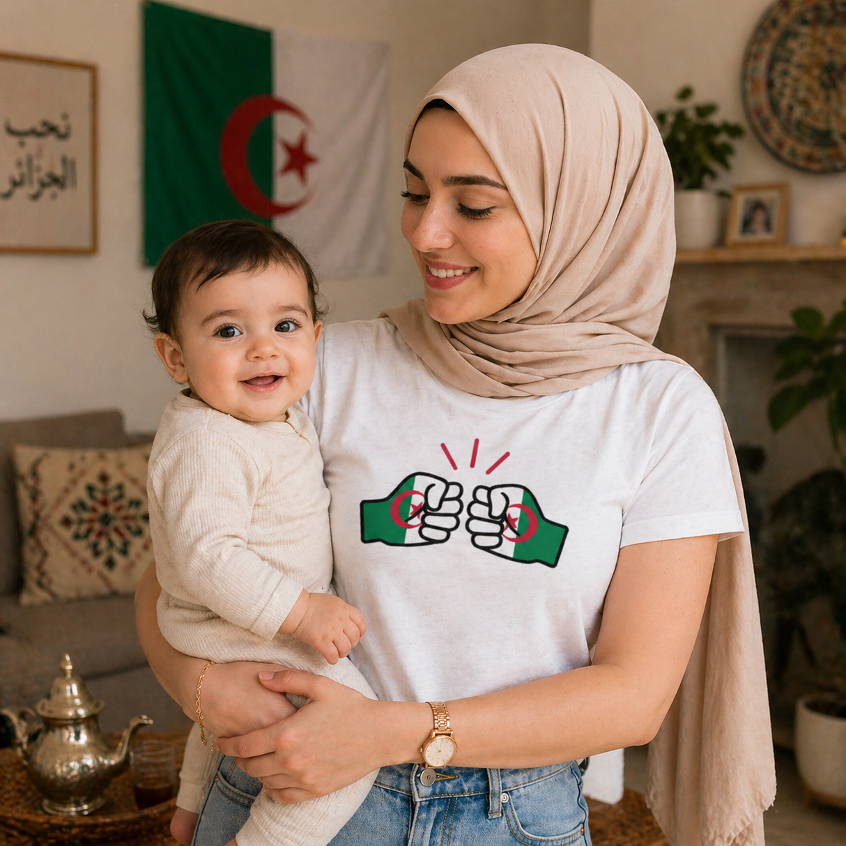 Woman wearing a white Algerian themed we run tings t-shirt holding a baby 