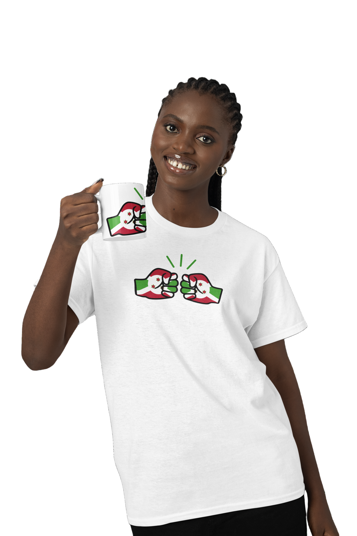 Woman holding a coffee mug and wearing a white t-shirt featuring We Run Tings Logo and Burundi flag, giving a thumbs-up gesture.