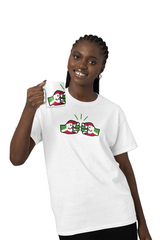 Woman holding a coffee mug and wearing a white t-shirt featuring We Run Tings Logo and Burundi flag, giving a thumbs-up gesture.